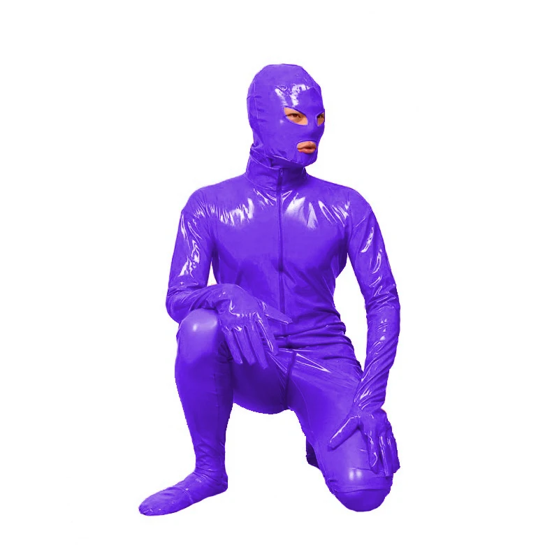 Glossy PVC Leather Zipper Zentai for Men, Masked Cosplay Catsuit, Full Body, Open Eyes, Mouth Jumpsuit, Halloween Costume