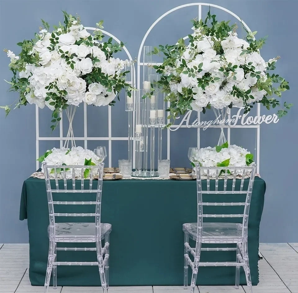 

Luxury White Gold Wedding Backdrop Sofa Table Runner Floral Arrangement Event Flower Ball Centerpieces Decor Bottom Wreath