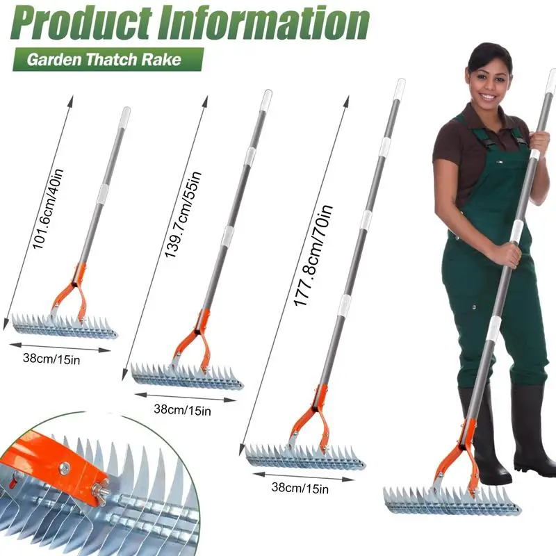 Metal Thatch Rake Stainless Steel Adjustable Long Handle Cultivator Ergonomic Portable Gardening Tools Tiller Cultivator For