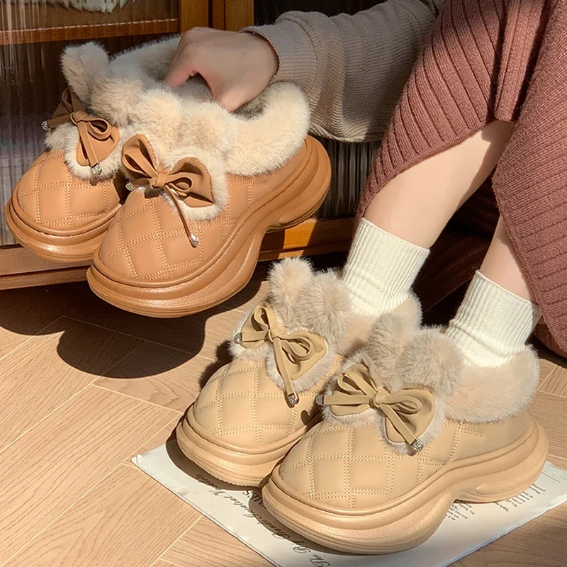 Faux Rabbit Fur Bowknot Snow Boots Women Lightweight Chunky Platform Fluffy Ankle Boots Woman Non Slip Warm Cotton Padded Shoes