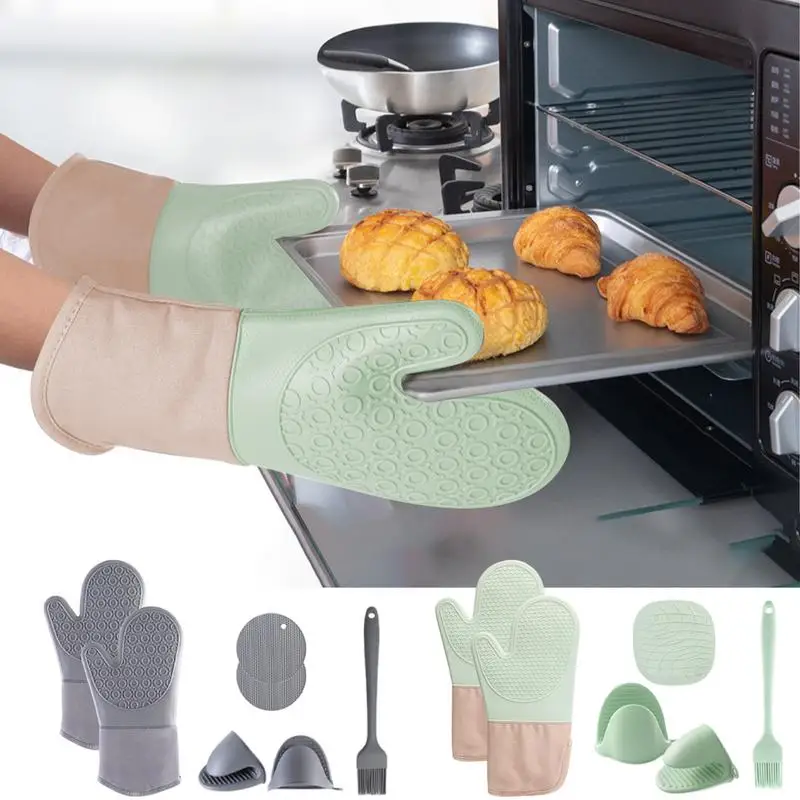 

Oven Mitt Set Cotton Insulated Gloves Set Silicone Hand Clip Heat Resistant Gloves Hot Pads Sets Microwave Anti-scald Pads Sets