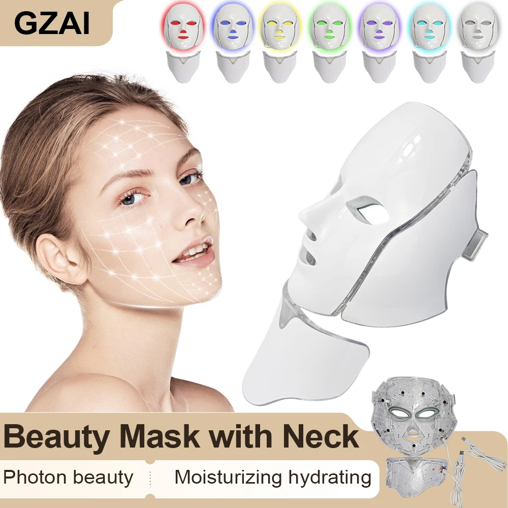 GZAI Face Neck LED Mask 7 Colors LED Light Photon Therapy Mask Skin Brighten Skin Care Home Use Beauty Devices
