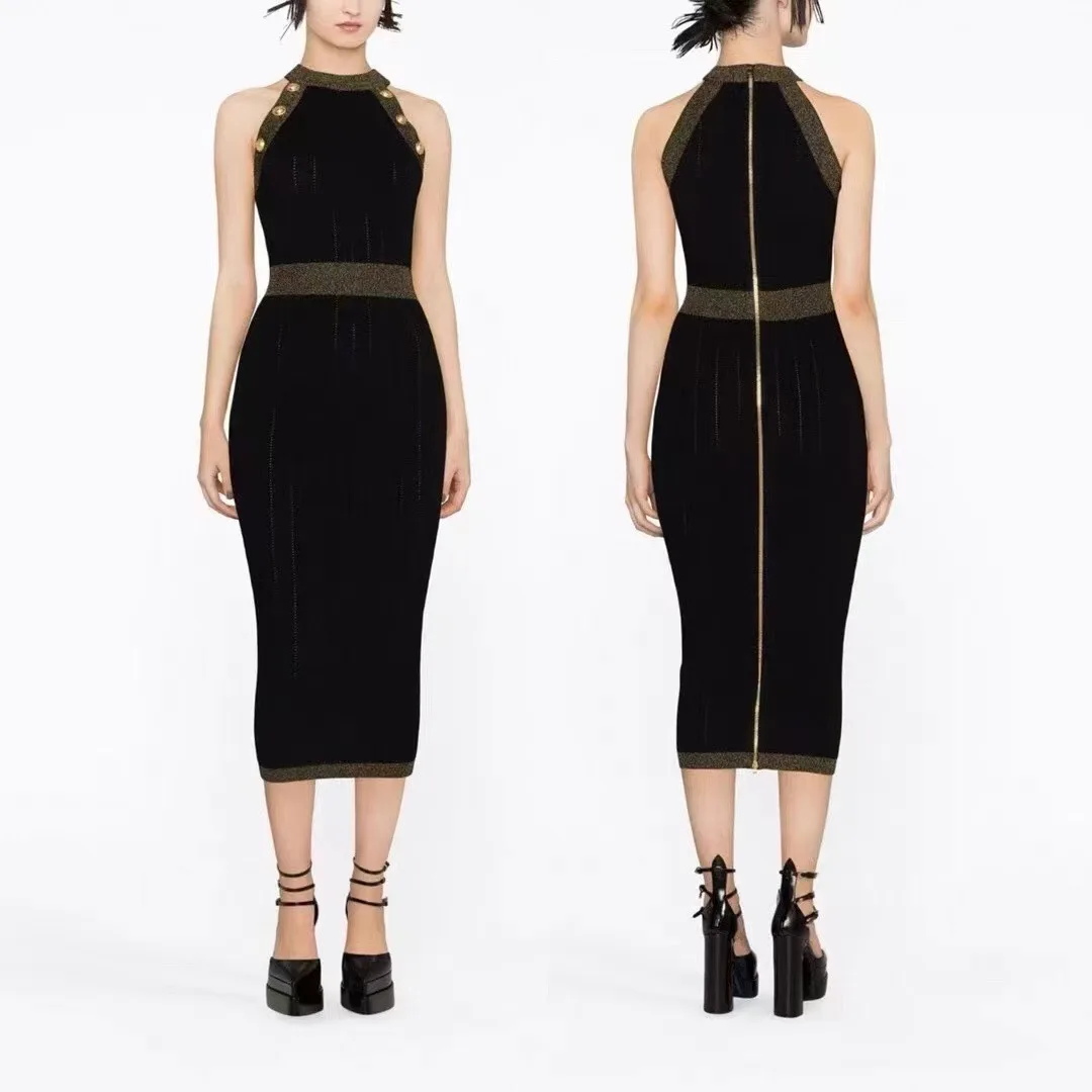 

2023 New Fashion Halter Neck Sexy Tight Long Dress Evening Celebrity Metal Buckle Slim and Hip Cover Party Dress