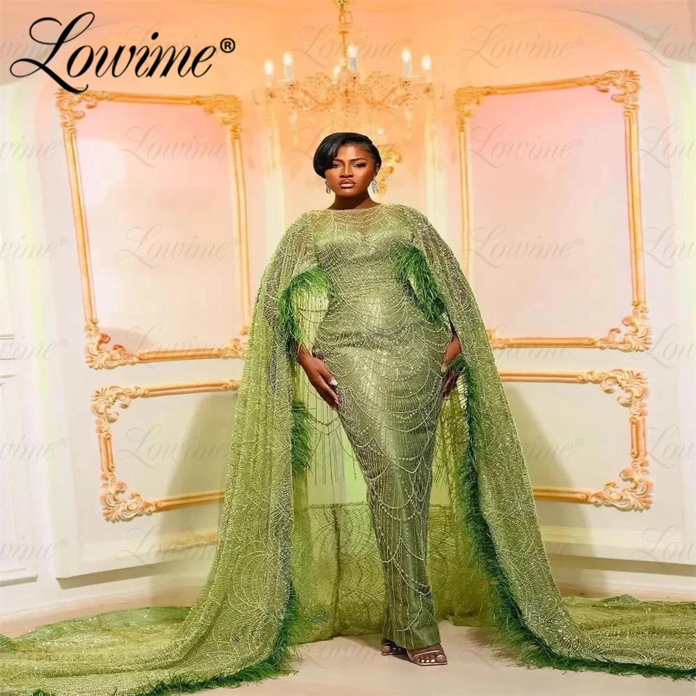 

Зеленые Бусины, роскошные арабские африканские вечерние платья, платье-футляр с перьями, платье знаменитости, женское платье для выпускного вечера