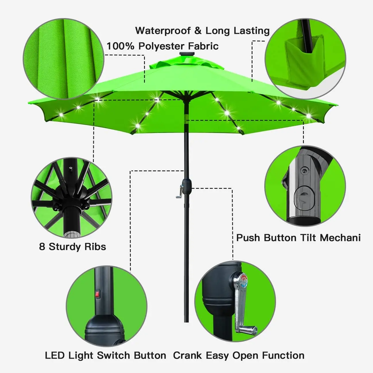 9' Solar LED Lighted Patio Umbrella with 8 Ribs/Tilt Adjustment and Crank Lift System (Grass Green) 2