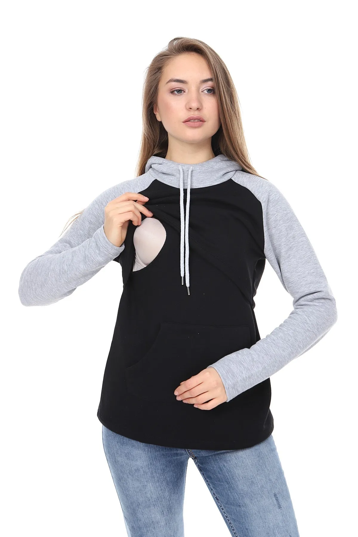 

LuvmaBelly MYRA4526 Gray & Black Piece Hooded and Pockets Breastfeeding Sweatshirt