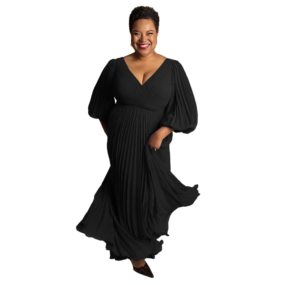 Plus Size Women Party Dress V Neck Ruffle Elegant Dress 2022 Autumn Evening Casual Robe Female Luxury Designer Wholesale Cloth