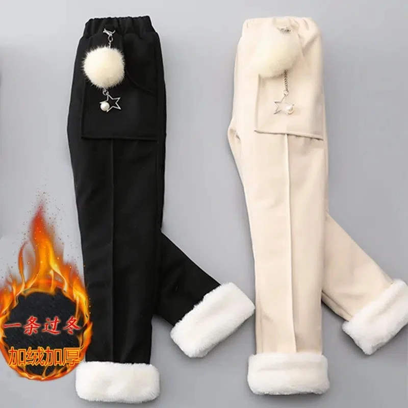 

2023 Winter Girls Thick Warm Pants Kids Black Beige Velvet Leggings for Girls Soild Snow Trousers fits 4-14Years
