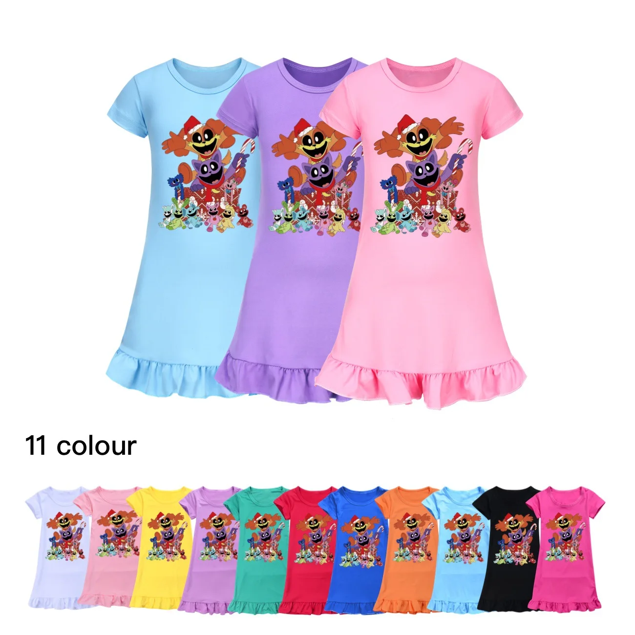 

Summer Kids Pajamas Dress Anime Smiling Critters Clothes Baby Girls Short Sleeve Nightgown Children's Cartoon Sleeping HomeWear