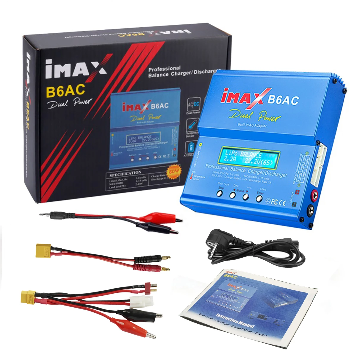 iMAX B6AC 80W 6A 리포 충전기 밸런서 니켈수소 니켈카드뮴 리포 리튬이온 리튬인산철 배터리 LCD 화면 디스플레이 RC 충전기 방전기 XT60