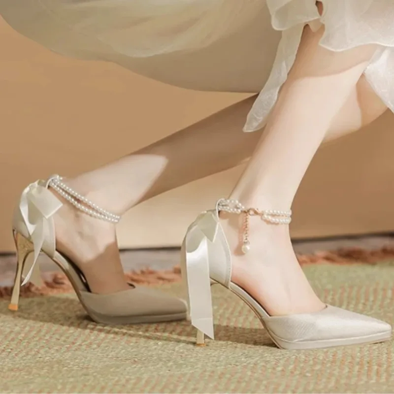 Women's Pumps Elegant White Pearls Ankle Strap Wedding Party High-heeled Vintage Pointed Silk Back Bowtie Stiletto Shoes
