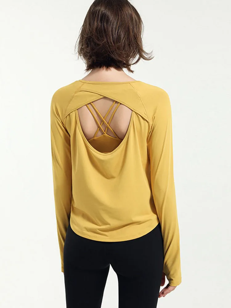 

Back Open Sport Yoga Workout Long Sleeve Shirts Women Loose Quick Dry Fitness Athletic Gym Shirts with Thumb Hole