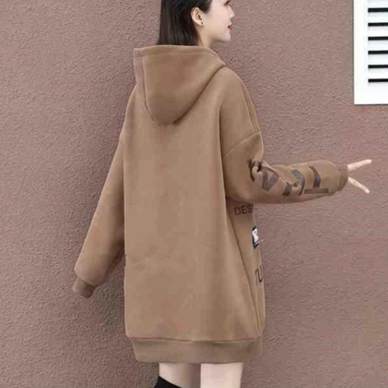 Pure Cotton Thicken Warm Hoodie 2023 Winter New Mid Length Version Loose Large Size Women Long Slevee Fashion Casual Hooded Top