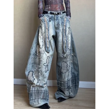 Y2K 2000S Oversized Cargo Jeans Women Vintage Harajuku Ripped Zipper Wide Leg Denim Pants Streetwear Grunge Baggy Trousers New 1