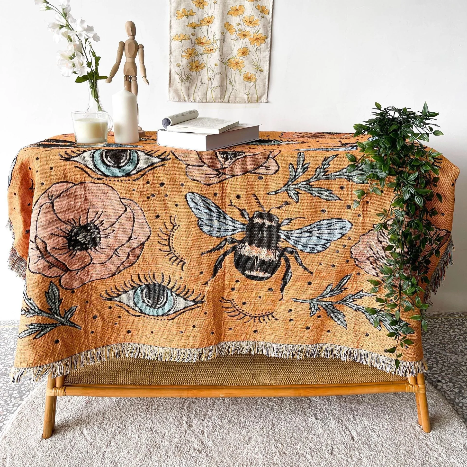 Yaapeet Bee Evil Eye Blanket Cotton Beach Towel Camping Mat Picnic Rug Demon Eye Home Sofa Throw Blanket Outdoor Tent Decor