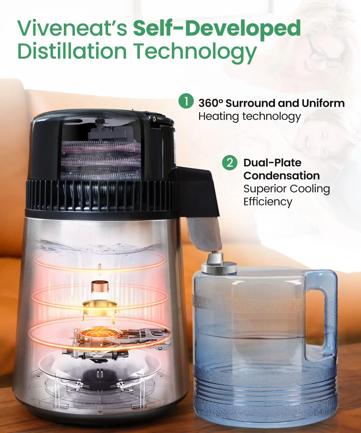 750W Countertop Water Distiller with 304 Stainless Steel, 4L Tank, Customizable Temperature and Timer, and One-Touch Operation