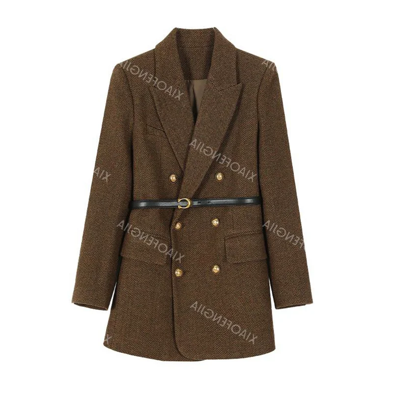 Comes With Belt A Vintage Wool Jacket For Women Autumn And Winter 2024 New Popular Seasonal Green Temperament Top Female Blazer 6