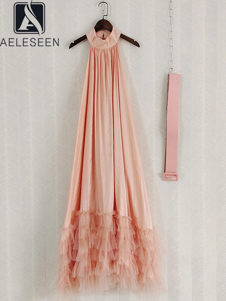 

AELESEEN Women Pink Casual Dress Design Fashion Stand Collar Solid Sleeveless Ruffes Edible Tree Fungus Belt A-Line Holiday