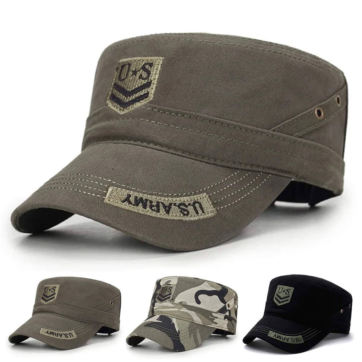 Unisex US Letter Embroidery Military Cap Spring Autumn Outdoor Adjustable Casual Hats Men Flat Top Caps