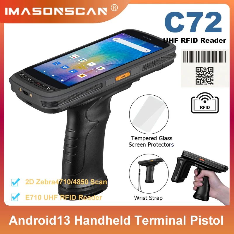 5.2 Inch Data Collectors 1D/2D QR Code Reader Support E710 UHF RFID Reader NFC 4G LTE Android 13 OS Pistol Grip Chainway C72