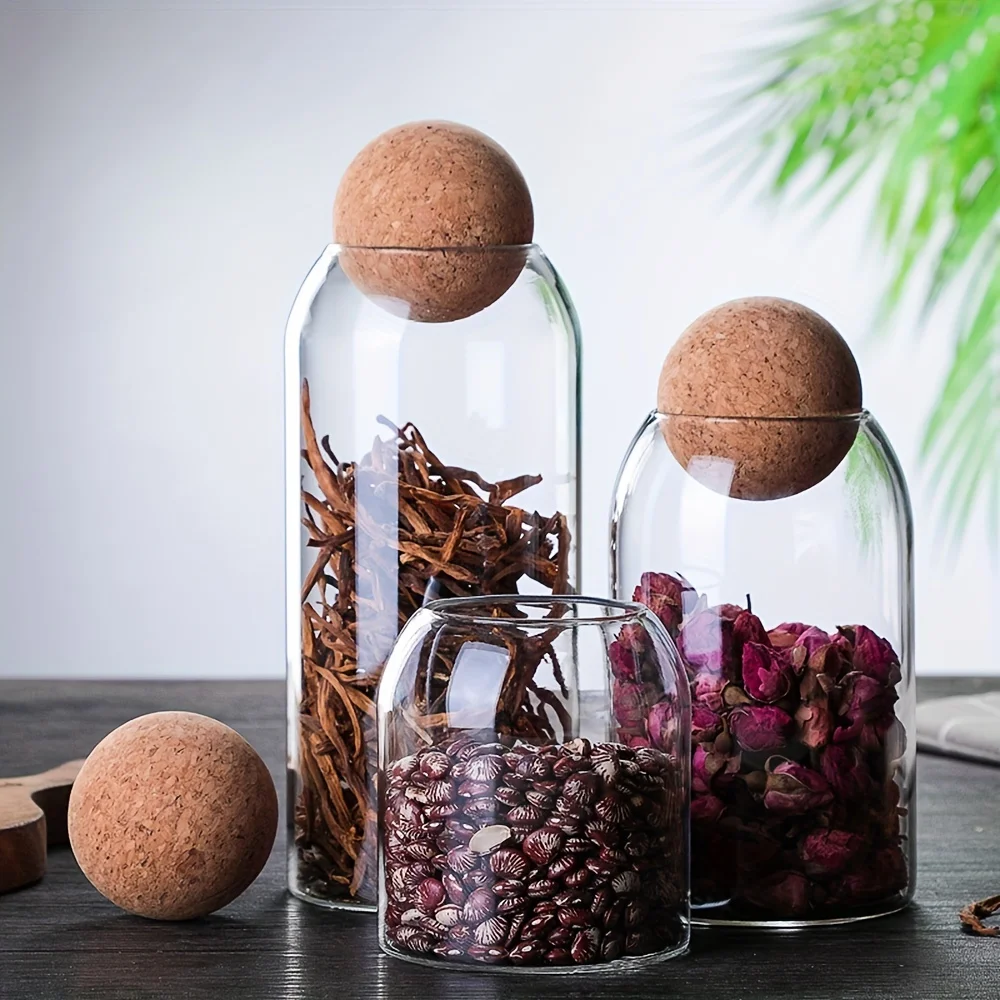 3 Pack Glass Storage Jar,Clear Glass Canisters with Cork Ball,Cute  Decorative Round Glass Bottles with Airtight Wooden Lid - AliExpress, image size:1000x1000