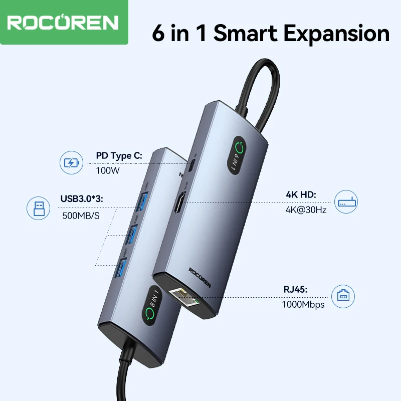 Rocoren 6 in 1 USB C Hub RJ45 4K@30Hz USB 3.0 Splitter PD 100W Type C Dock Station For Macbook Air Pro Samsung Xiaomi Laptop PC Best Sellers In Phones Accessories