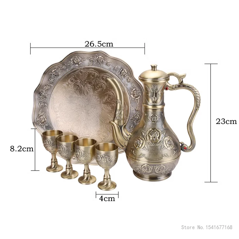 European Style Metal Wine Set, Home Meal Supplies Decoration Luxury Rose Zinc Alloy Liquor Flask Small Wine Cups, Tray, 6Pcs Set