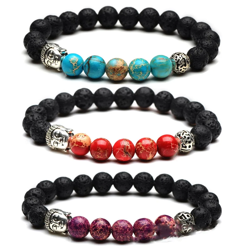 8Mm Red Blue Purple Black Imperial Stone Charm Bracelet Lava Stone Buddha Head Beaded Bracelets For Women Men Disciple Gift