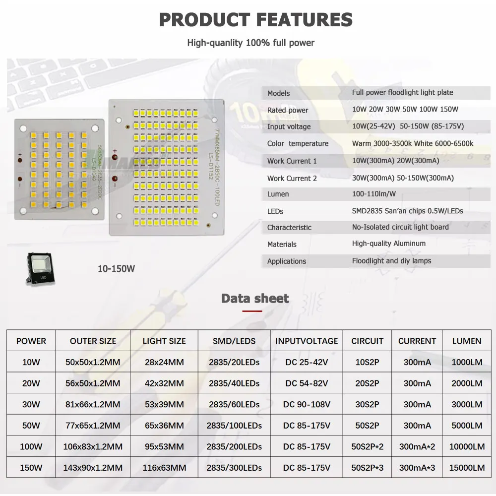 LED PCB Floodlight Plate 1PC Replace 10W-150W SMD2835 Aluminum Heatsink Lighting Source Panel For Outdoor Lamps