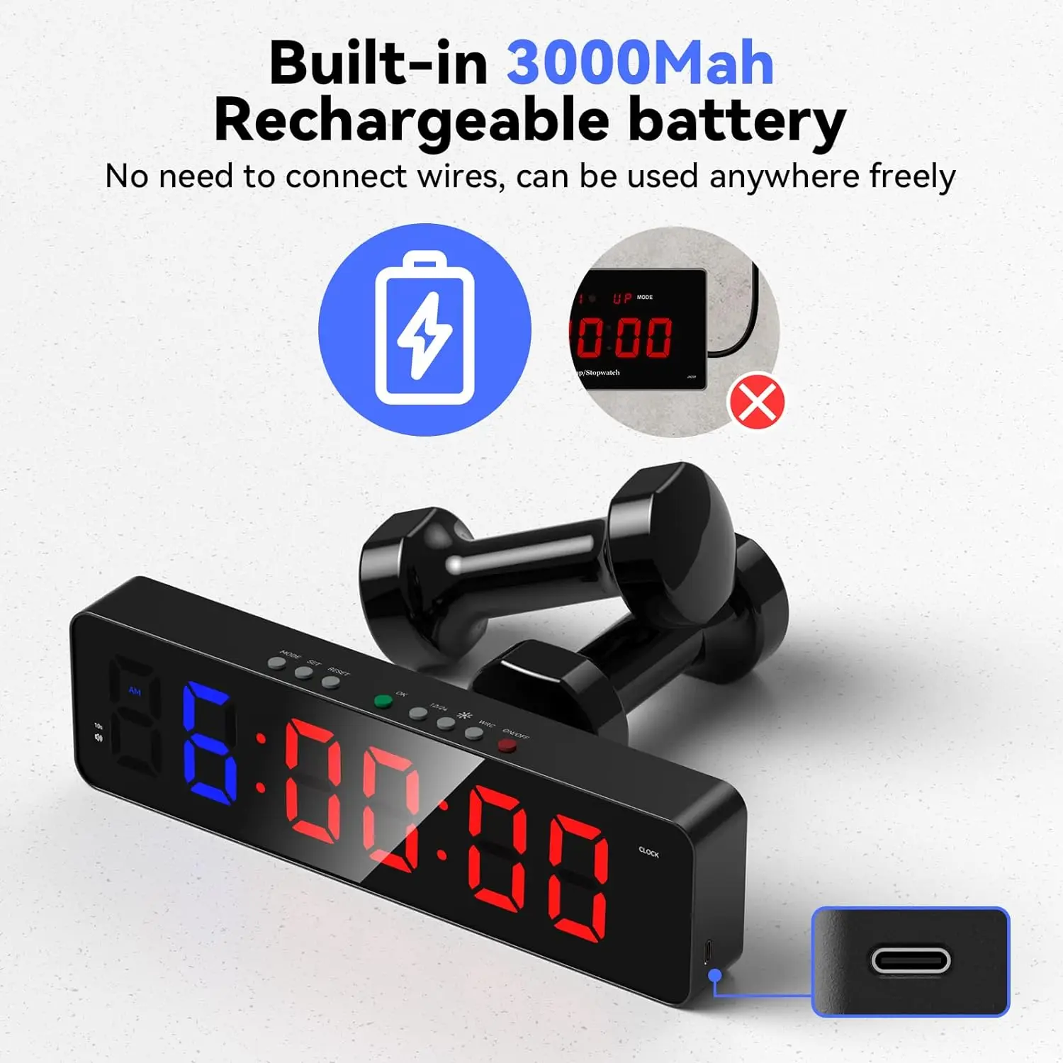 Gym Timer 2.2 inch LED Workout Colck Count Down/Up Clock 12" x 3.5" Ultra-Clear Digital Display Multi-Scenes with Remote 2