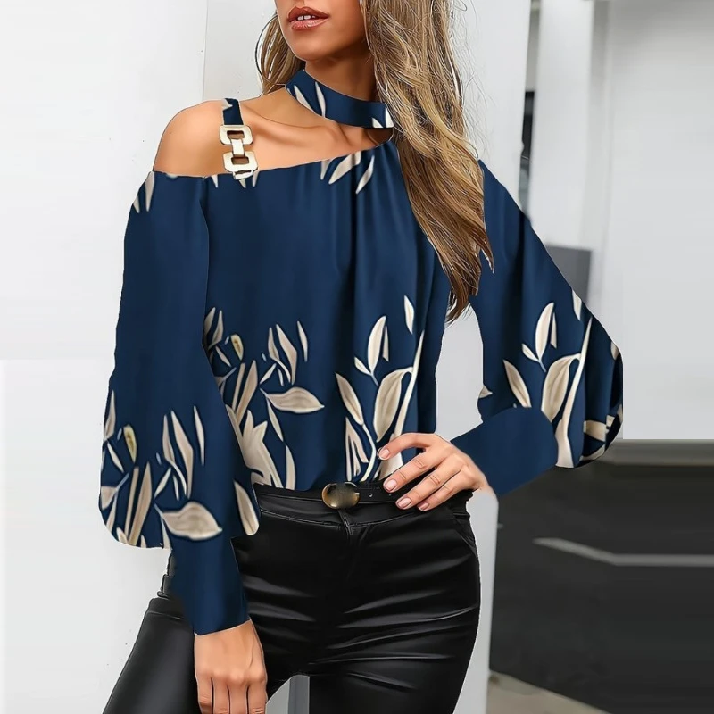 

2024 New Autumn Long Lantern Sleeve Blouse Women Fashion Single Strap Metal Buckle Off Shoulder Tops Printed Shirt Clothes 29117