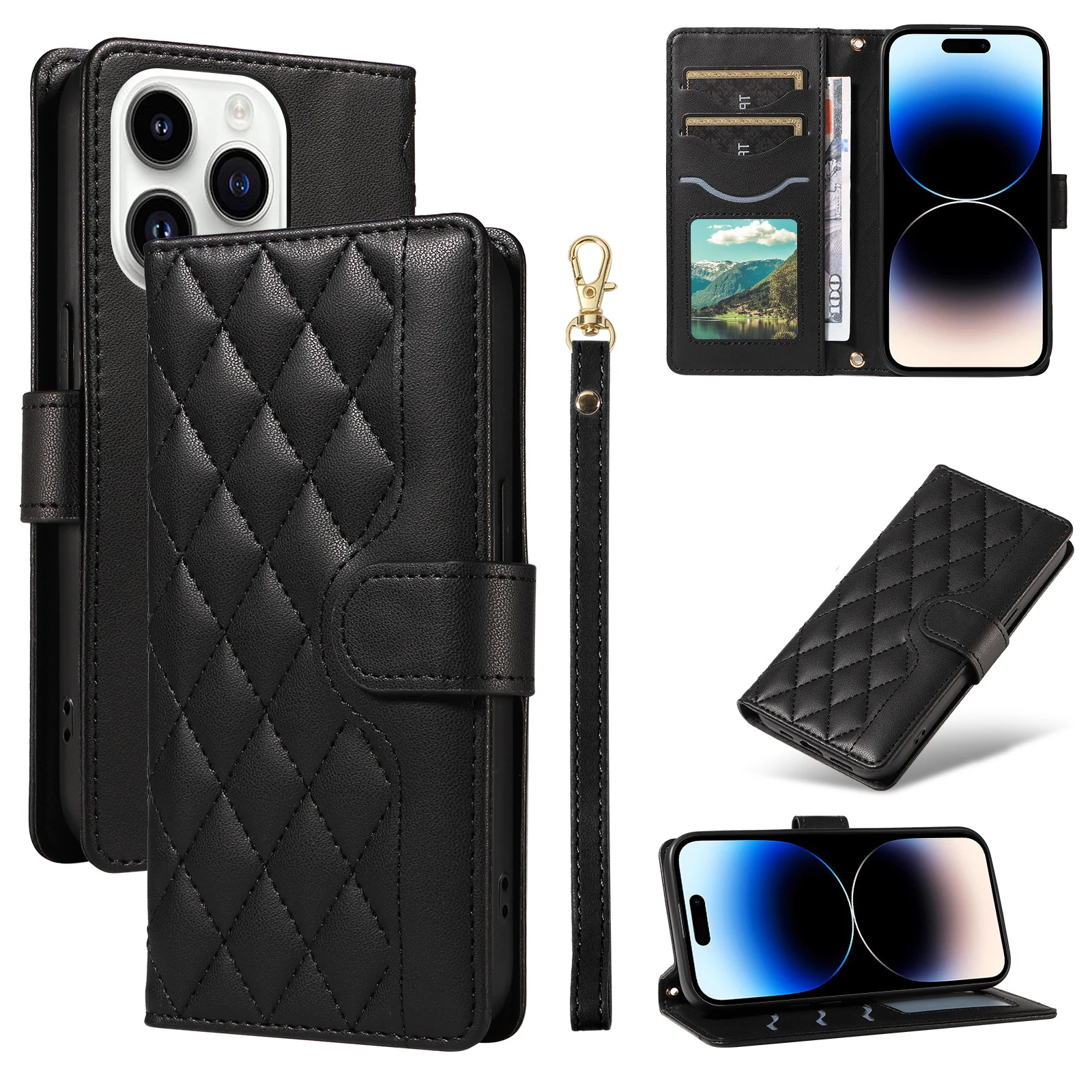 Leather Flip Case with Hand Strap and Wrist Wallet - Features 3 Card Slots