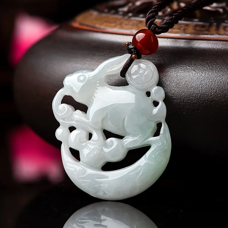 Natural Myanmar Jadeite Carved Zodiac Rabbit Runs to the Moon Pendants ...