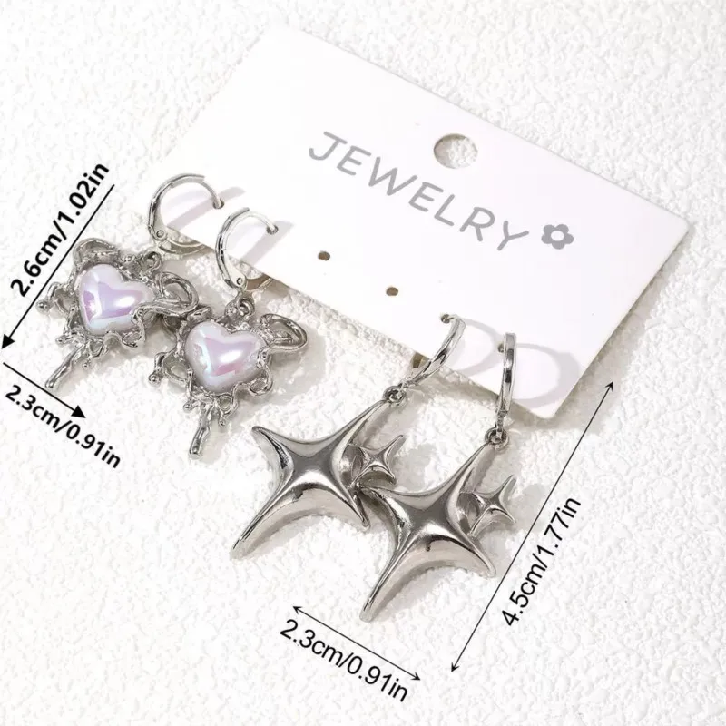 2 Pairs/set Love Heart&Star Earring Sets for Women Y2K Style New Trend Earrings Party Jewelry Gifts