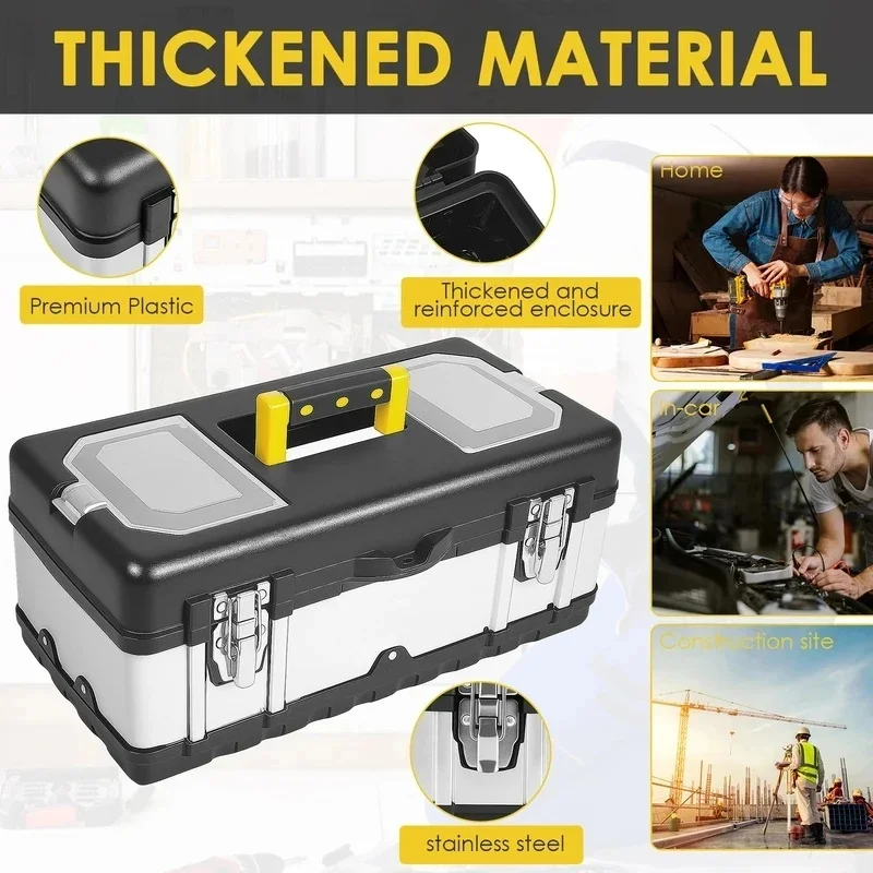 Heavy Duty Portable Tool Box with Removable Tray - 17 Inch Stainless Steel and Plastic Storage Case