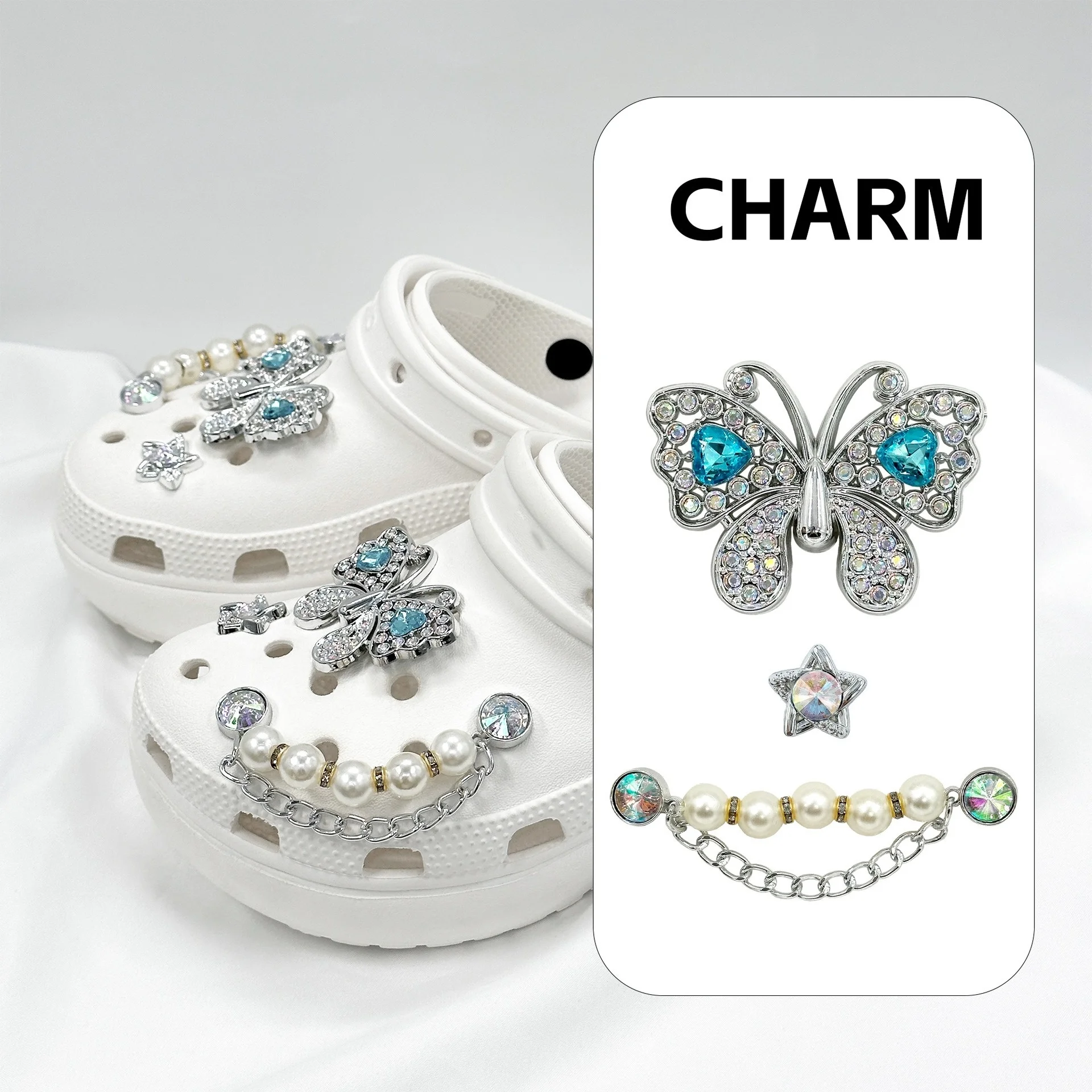 새로운 꽃 모양 신발 장식 버클 세트, 반짝이는 액세서리, 여성 신발 장 우아한 다이아몬드 나비 체인