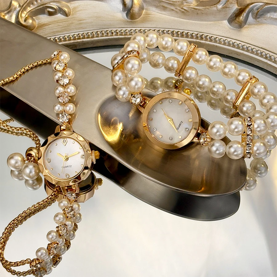 Pearl-Embellished Adjustable Pull-String Women's Watch