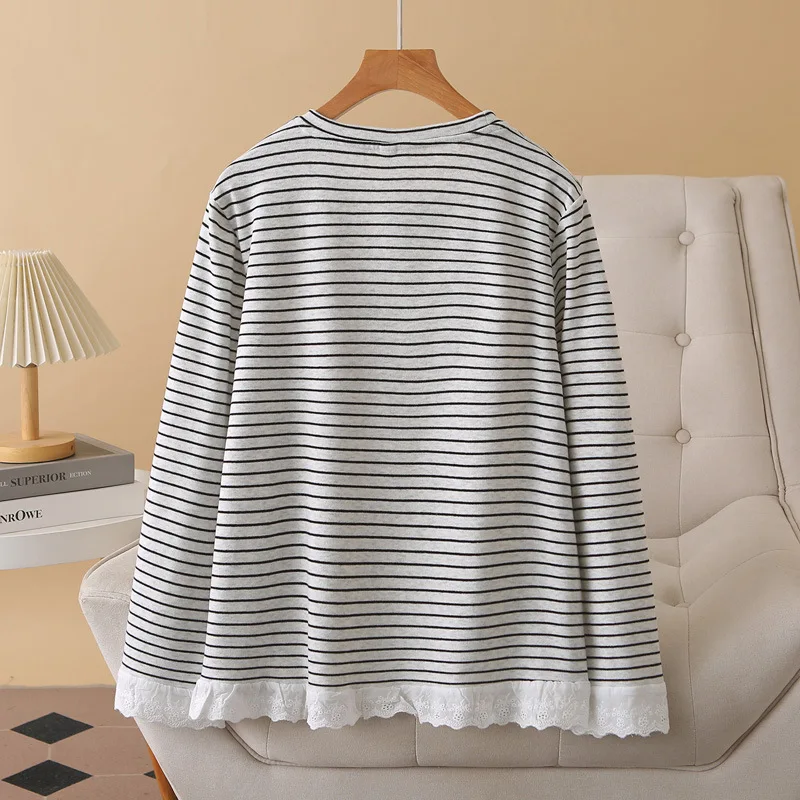 Autumn New Style Fresh And Simple Lace Hem Striped Long Sleeved O-Neck Tops Plus Size Women's T-Shirt 2565