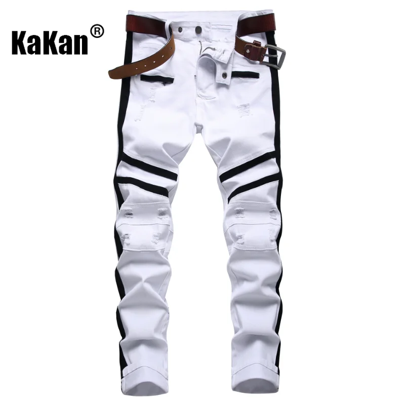 

Kakan - New Slim Fit Elastic Perforated Jeans for Men, Personalized Trend White Long Jeans K59-103