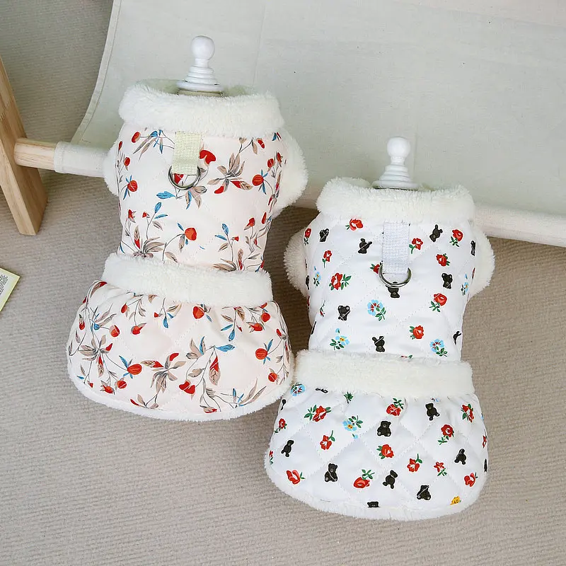 

Autumn and Winter Pet Clothes Flower Pattern Skirt Small and Medium-sized Dog Cute Princess Dress Cotton-padded Clothes Poodle