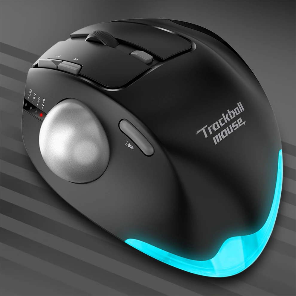 Mouse Trackball Bluetooth sem Fio 2.4g Rgb Ergonômico Recarregável Rollerball Mice Conexão de Dispositivos Controle Polegar para pc Ipad