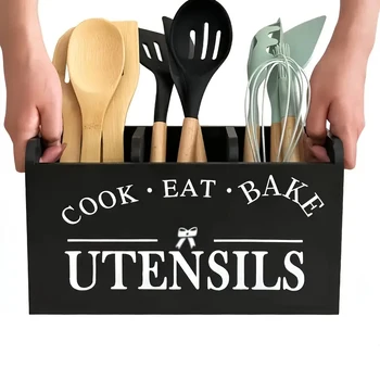 Portautensili da cucina in legno massello con divisorio Organizzatore per coltelli, forchette e cucchiai Scatola portaoggetti in legno per cucinare 1