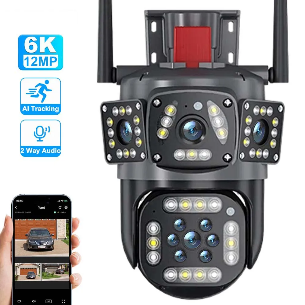 12MP 6K HD WiFi IP 카메라, 3 개의 화면 PTZ 카메라, 야외 자동 추적, 4K CCTV 비디오 감시 카메라, 스마트 홈, 보안 보호, 모션 감지, 360º WiFi 카메라 