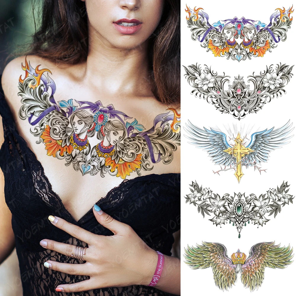 

Sexy Lady Chest Tattoo Stickers Bow Necklace Gemstone Flower Waterproof Temporary Fake Tatoo Waist Shoulder Body Art Men Women