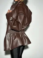 Fashion Solid Faux Leather Jacket Women Turn-down Collar Zipper Front Puffy Sleeves Stylish Coat 2025 Female Winter Outerwear