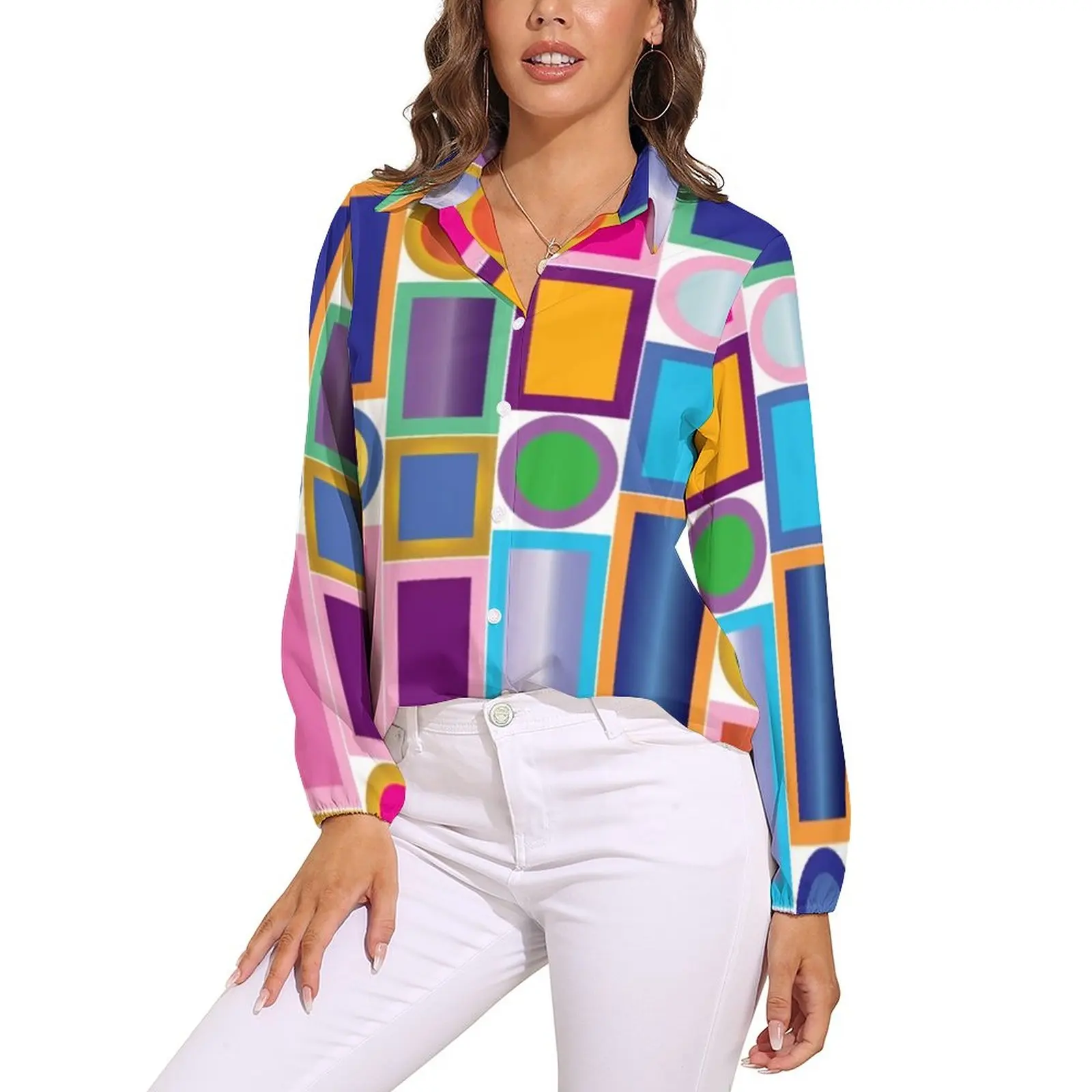 Retro 70s Style Blouse Long Sleeve Mid-Century Print Vintage