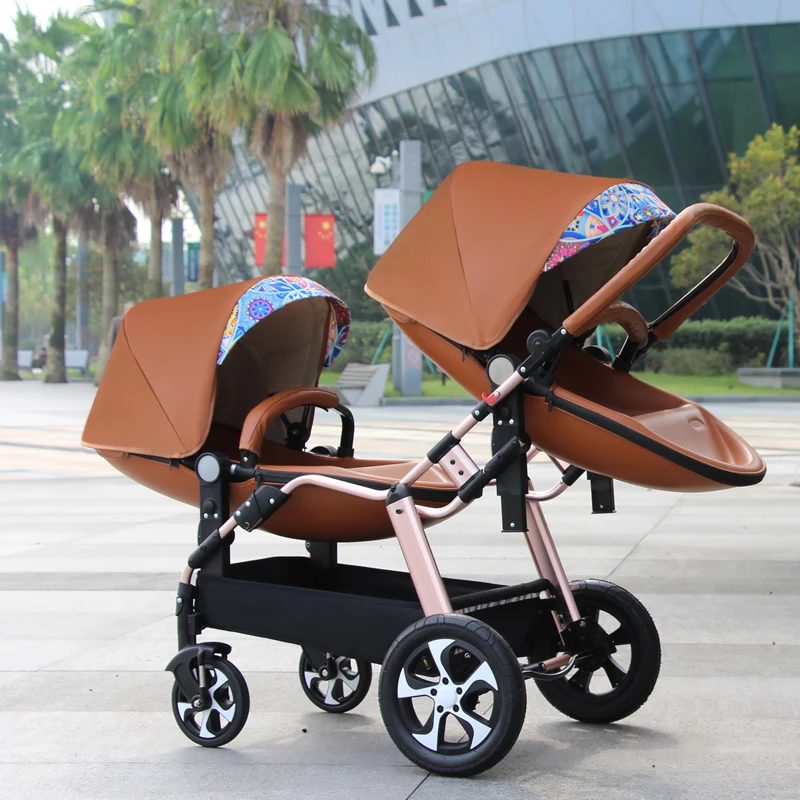 New Luxury twins baby stroller,aluminum frame PU leather twin pram,baby can sit and lying,double baby stroller carriage