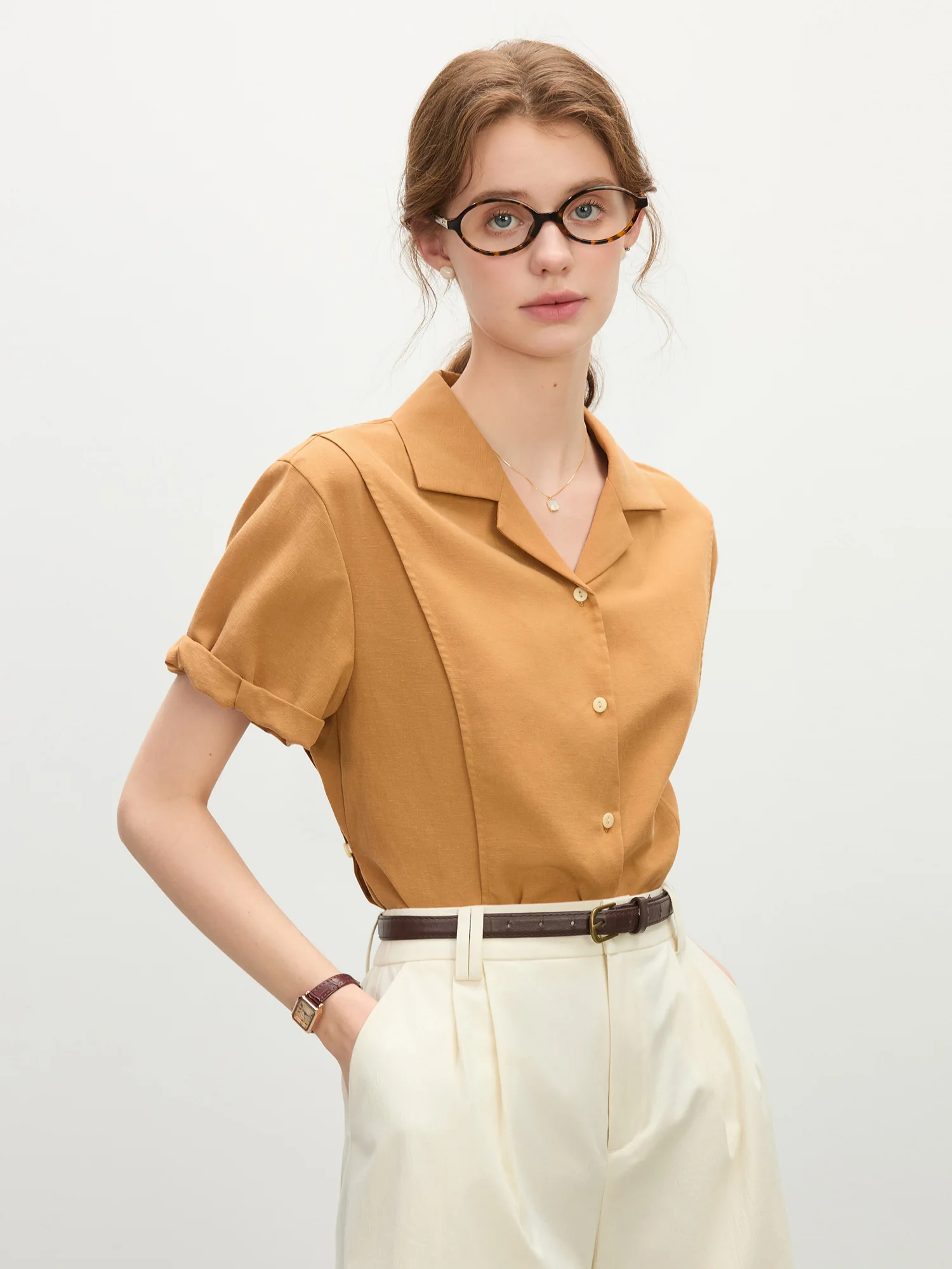 FSLE Sunset Linen Retro Shirt - Korean Style Cuban Collar Holiday Blouse