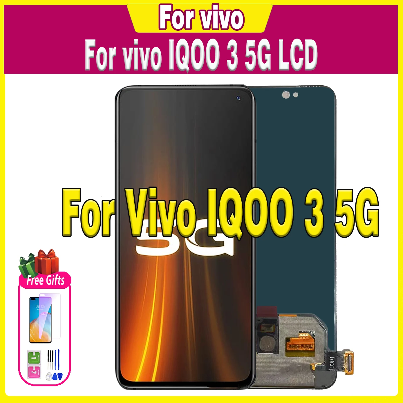 

6.44"For vivo IQOO 3 5G LCD Display AMOLED Touch Screen Digitizer For V1955A I1927 I1928 LCD Assembly Replacement Parts