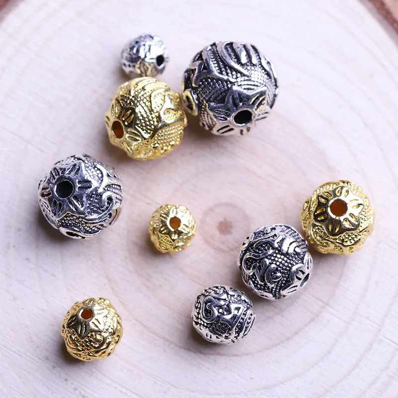 

Nepalese Buddhist Tibetan Silver/Gold Color Round 8mm 10mm 12mm 14mm Loose Craft Beads For Jewelry Making DIY Necklace